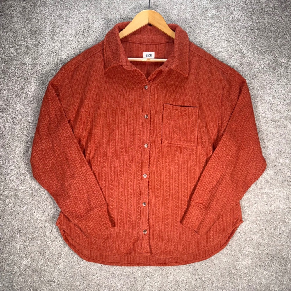 BKE Women Large Rust Orange Aztec Button Down Tunic Shirt Long Sleeve